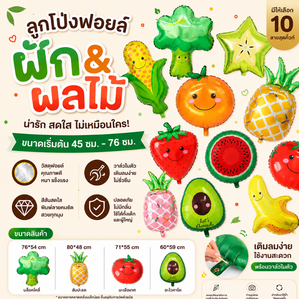 ลูกโป่งฟอยล์ผักผลไม้การ์ตูน ฟอยล์น่ารัก สำหรับตกแต่งงานปาร์ตี้ Fruits & Vegetables Collection ลายผักผลไม้สุดคิ้วท์