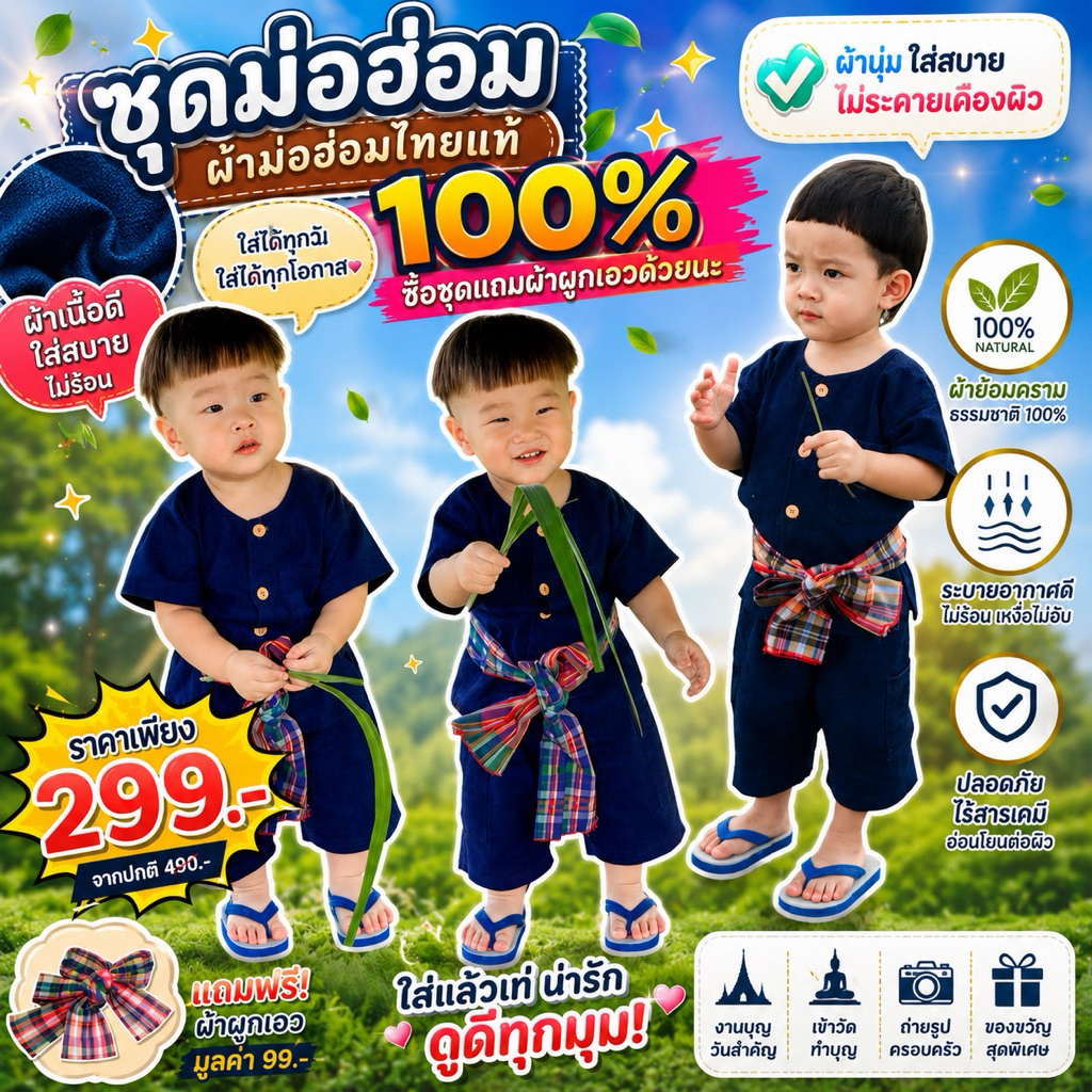 ชุดเซ็ตแฟชั่นพื้นเมืองเด็ก ชุดม่อฮ่อมเด็ก แถมฟรีผ้าผูกเอว มีหลายไซส์ให้เลือก