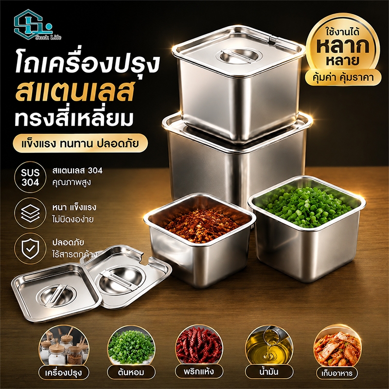 โถเครื่องปรุงสแตนเลส ทรงสี่เหลี่ยม พร้อมฝาปิดและช้อน กล่องใส่ซอส ถาดท็อปปิ้ง เก็บความสด ขนาด 12/14/16/18/20 ซม.