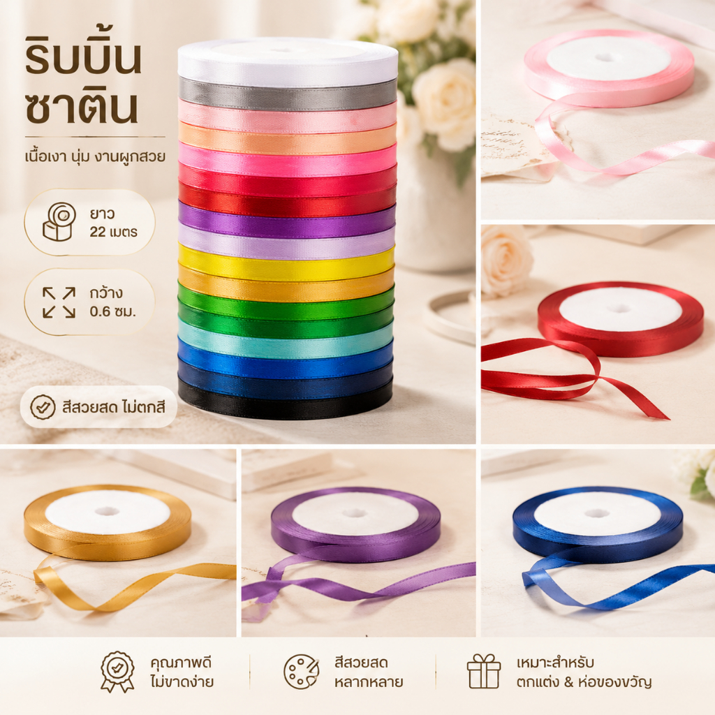 🎁 ริบบิ้นผ้าซาติน 6 มม. 25 หลา Premium ทำโบว์ ห่อของขวัญ DIY จัดช่อดอกไม้ งานแต่ง งานมงคล พร้อมส่ง