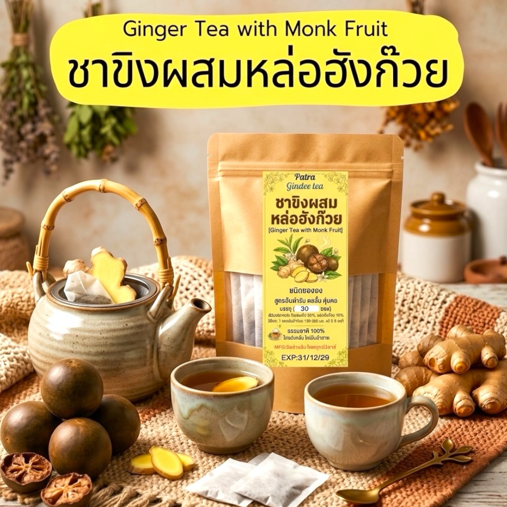 ชาขิงผสมหล่อฮังก๊วย บรรจุ 30 ซองชา Ginger Tea with Monk Fruit ชาขิงผสมหล่อฮังก๊วยรสชาติธรรมชาติดื่มง่ายหวานธรรมชาติ
