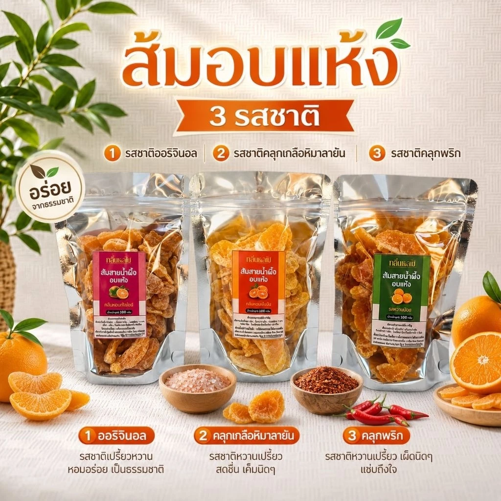 ส้มสายน้ำผึ้งอบแห้ง 3 รสชาติ ส้มออริจินอล ส้มคลุกเกลือ ส้มคลุกพริกเกลือ