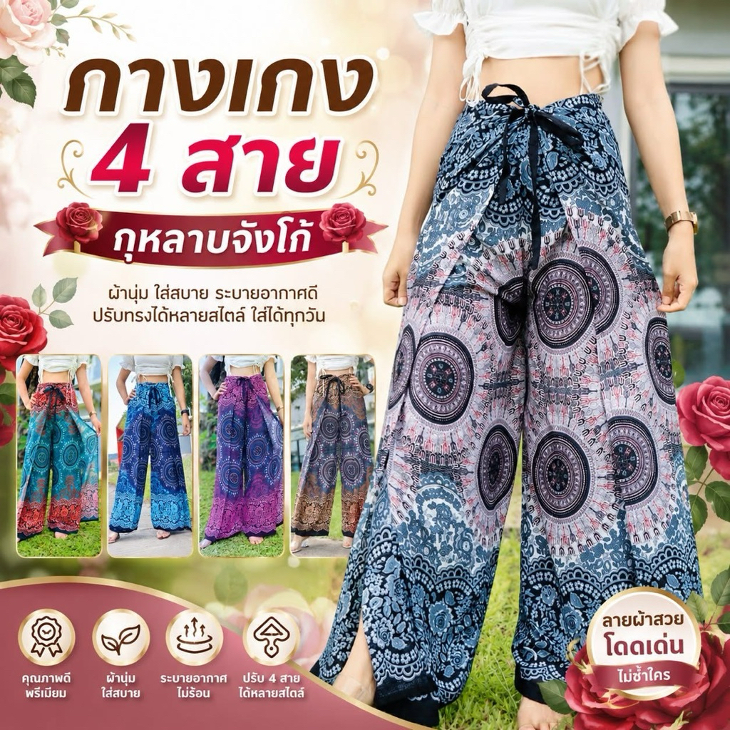 กางเกง4สาย กางเกงผูกหน้า-ผูกหลัง ผ้าเรยอน ใส่สบายมาก #ลายรุ้ง สีรุ้ง สีพาสเทล