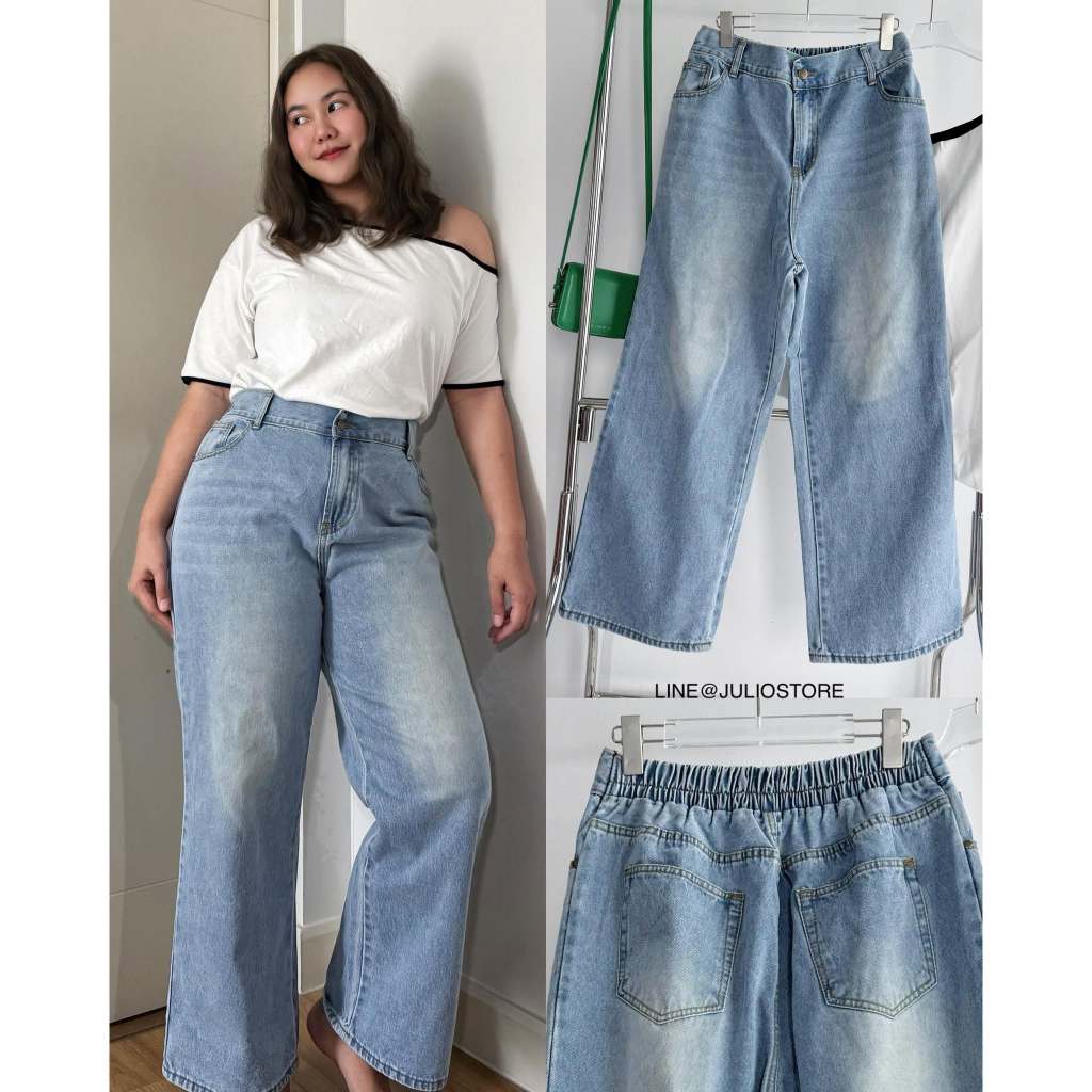 B095 ยีนส์เก้าส่วน  สีฟอกอ่อน เอวยางยืดหลัง (Plus size)