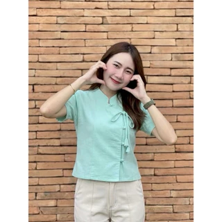 เสื้อพื้นเมืองผู้หญิงคอจีนกระดุมมุกป้ายผูกบัวดอกทิวลิป