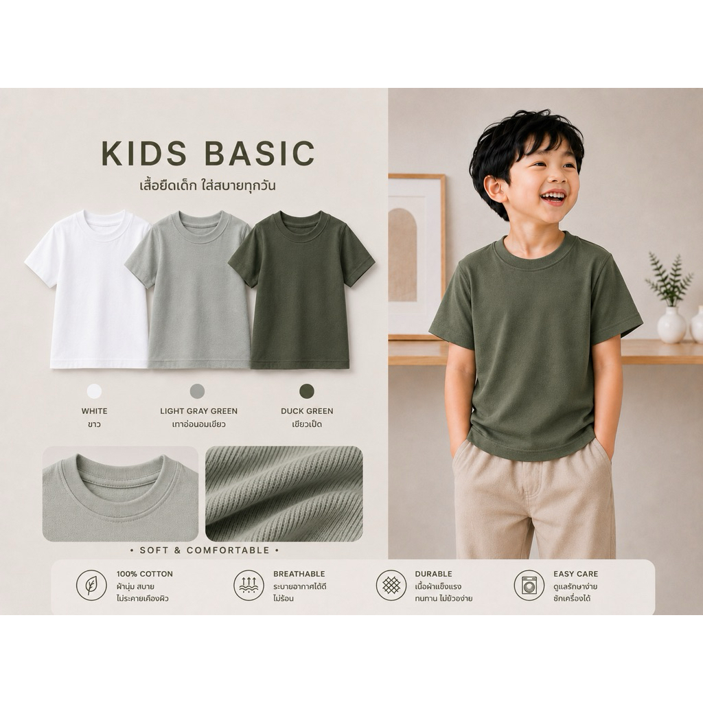 T-shirt เสื้อยืดเด็กชายเด็กหญิงสีพื้น คอกลม เกรดขึ้นห้าง โรงงานมาเอง สไตล์มินิมอล อายุ 6เดือน-6ขวบ ผ้านุ่มเบาใส่สบาย