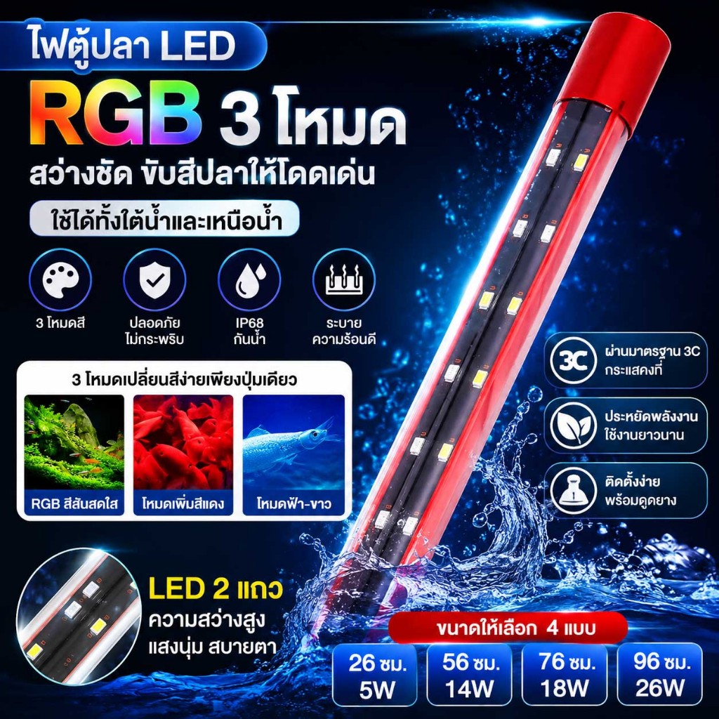 ไฟตู้ปลา LED RGB 3 โหมด ปรับสีได้ เพิ่มสีปลาให้สดสวย สำหรับปลามังกรและปลาสวยงามทุกชนิด ขนาด 26-96 ซม. พร้อมส่ง