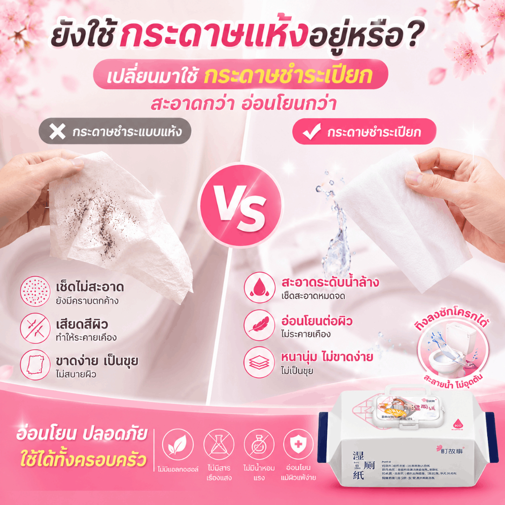 Wet Toilet Tissue กระดาษชำระเปียก ละลายน้ำได้ ไม่อุดตันชักโครก ไม่มีน้ำหอม ไม่มีแอลกอฮอล์ 90 แผ่น