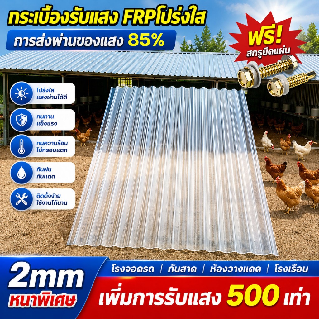 【อัตราส่งผ่านแสง85%】 แผ่นใส-หลังคา แผ่นหลังคาใส อย่างหนา 2มม ยาว1.5/1.8/2ม กันน้ำ กันแดด ทนต่ออุณหภูมิสูง ทนต่อแรงกระแทก