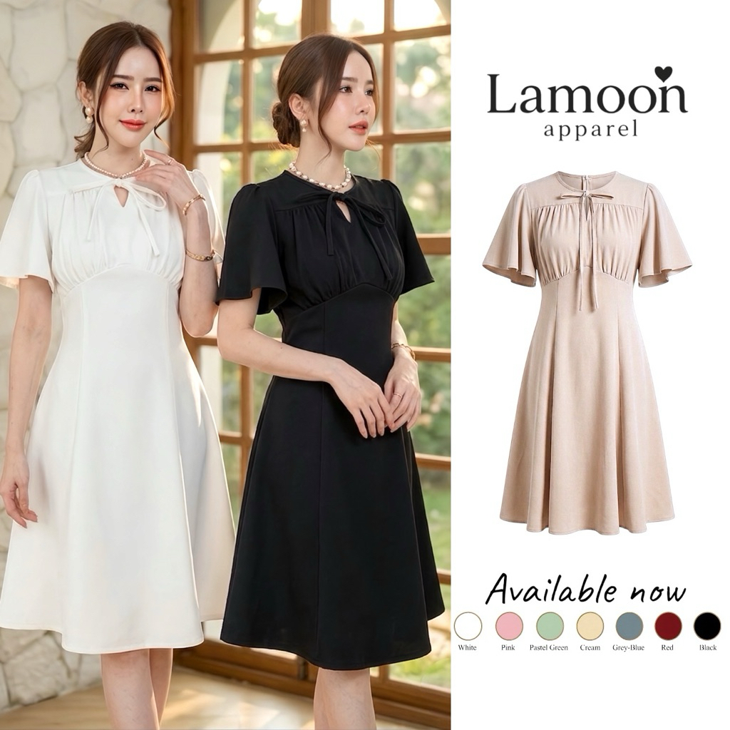 [พร้อมส่ง]Beauty dress เดรสออกงานดีเทลคอผูกโบว์ ป้าย VERA ชุดไปงานแต่ง ชุดไปคาเฟ่ by Lamoon apparel