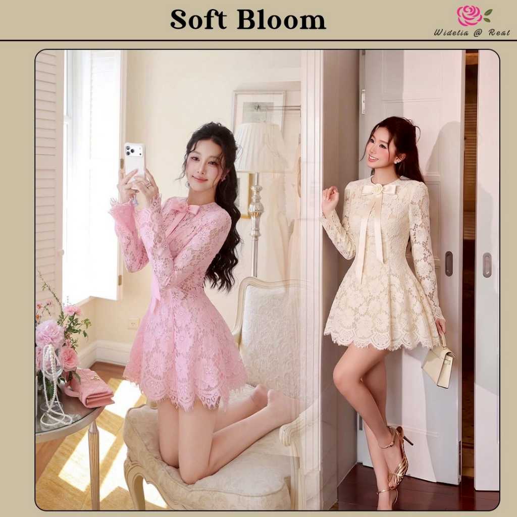 Soft Bloom Dress 2 สี สีครีม/สีชมพู เดรสแขนยาว ทรงเข้ารูป งานผ้าลูกไม้ ดีเทลโบว์เย็บติด+เข็มกลัดดอกไม้ ช่วงกระโปรงทรงบาน