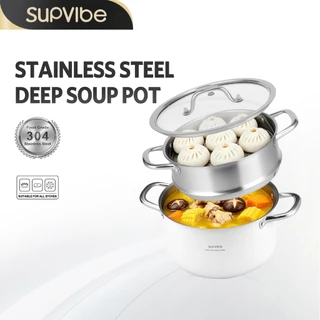 SUPVIBE หม้อหุงต้ม สแตนเลส 304 สองหู ชุดเครื่องครัว พร้อมฝาแก้ว ต้มซุป เนื้อ นม ใช้ได้ทุกเตา