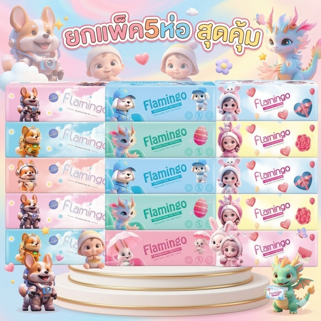 ทิชชู่แบบยาว(1แพ็ค 5ห่อ)คุณภาพดีเยี่นม สินค้าพร้อมส่งในไทย
