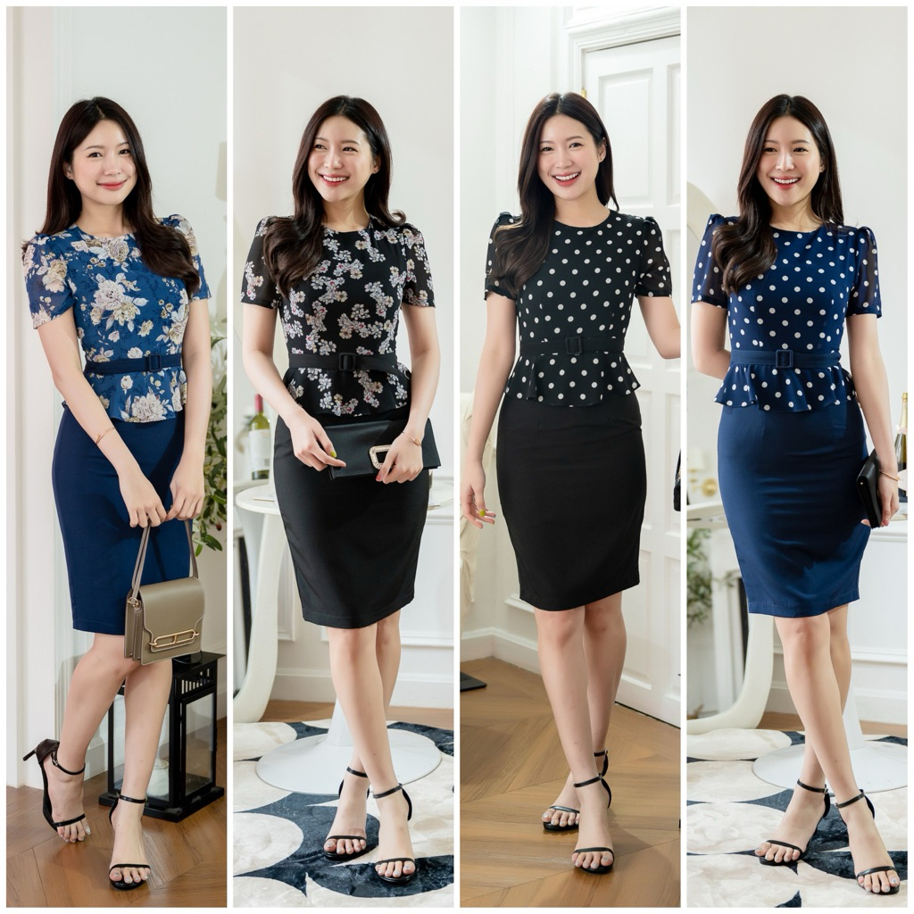 PD384 Andy DRESS : เดรสผ้าชีฟอง คอกลม แขนสั้น เสื้อทรงยาว มีเข็มขัดกระโปรงผ้าไหมอิตาลีทรงสอบ ซิปหลัง