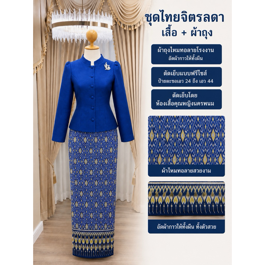 ชุดไทยจิตรลดาเสื้อ+ผ้าถุงทอลายอัดผ้ากาวทั้งชุดผ้าถุงตัดฟรีไชร์ป้ายตะขอ