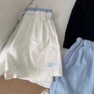 cherryshop พร้อมส่ง กางเกงขาสั้นสีน้ำเงินเชือกผูกเอวสไตล์เกาหลีสำหรับผู้หญิงที่สวมใส่สบายในช่วงฤดูร้อน