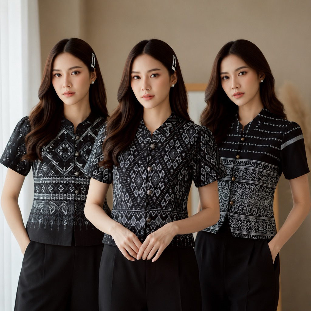 (พร้อมส่ง) เสื้อโทนสุภาพ เสื้อสีดำ เสื้อคอจีนผ่าหน้า กระดุมทองพิมพ์ลายไทยใส่ไว้อาลัย ใส่ทำงาน (+เพิ่ม 1 ไซส์จากอกจริง)