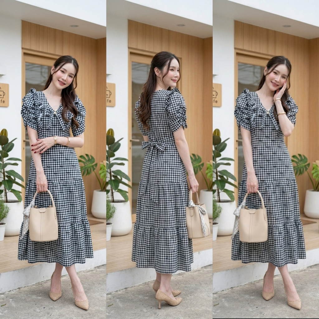 ชุดเดรสผ้าอิตาลี รหัส 461 แต่งโบว์ด้านหน้าแขนเจ้าหญิงกระโปรงขนมชั้นความยาว 48 นิ้วลายสก็อตสีกรม