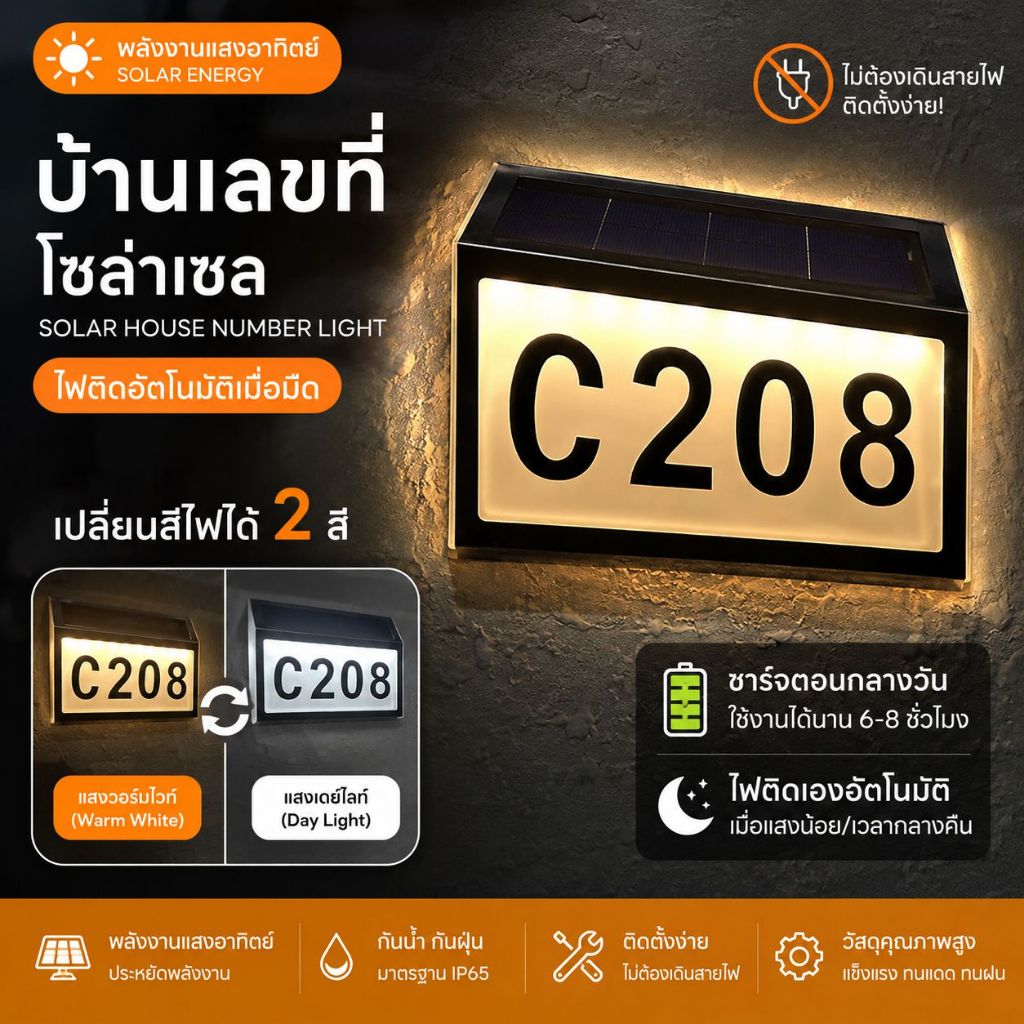 บ้านเลขที่ โซลาร์เซลล์ เลือกได้ 2สี เปิดปิดเองได้