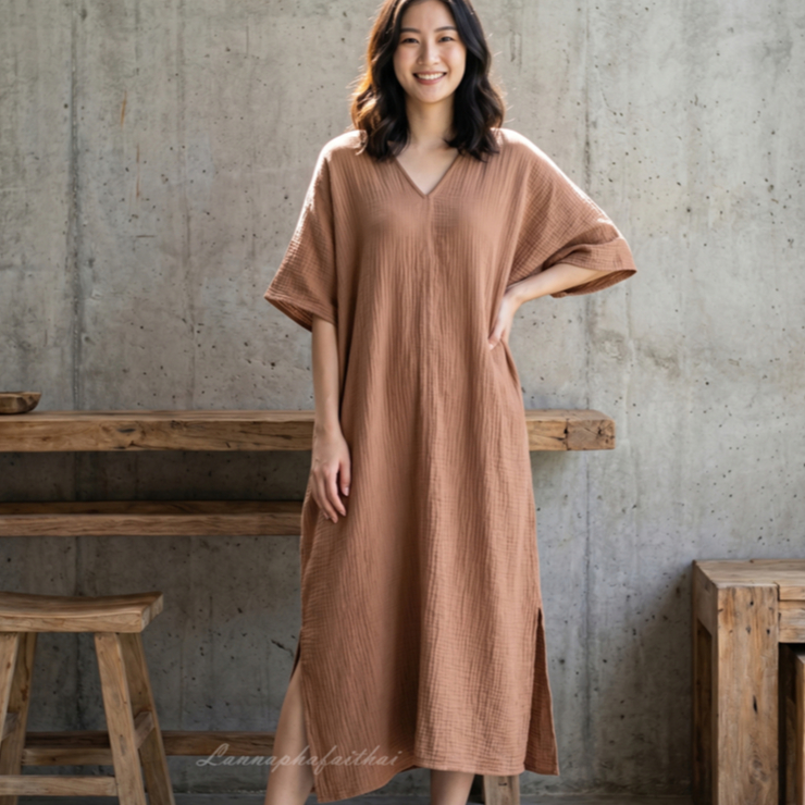 ชุดเดรสยาว ชุดโบฮีเมียน ผ้าฝ้ายสาลู2ชั้นฟอกนุ่ม เดรชผ้าฝ้าย Onesize ผ้าหนานุ่ม