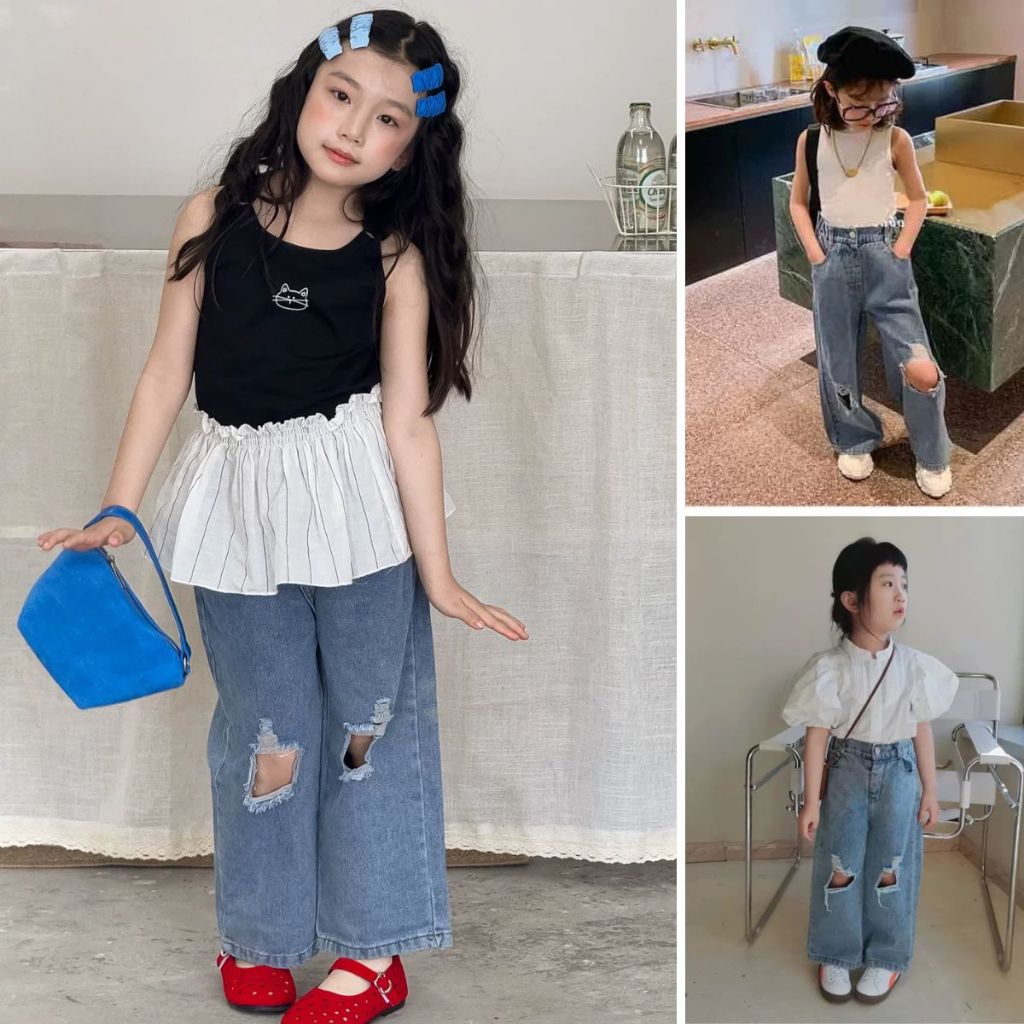 กางเกงยีนส์เด็กผู้หญิงดีไซน์ขาดที่เข่า สไตล์เท่ ผ้านุ่ม ใส่สบาย K3134806