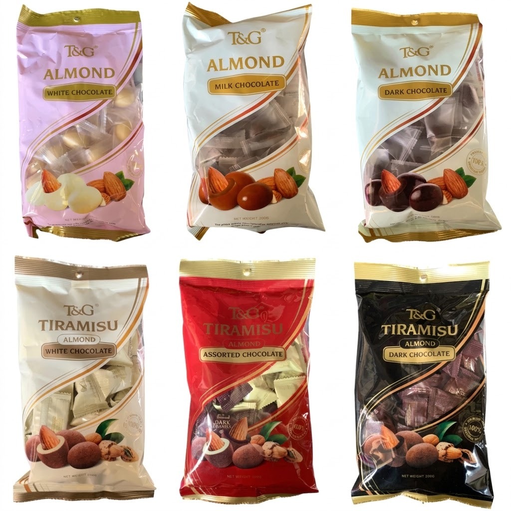 T&G Chocolate อัลมอนด์เคลือบช็อกโกแแลต ขนาด 200 กรัม มีประมาณ 27 ชิ้น มี 6 รส จากมาเลเชีย มีฮาลาล