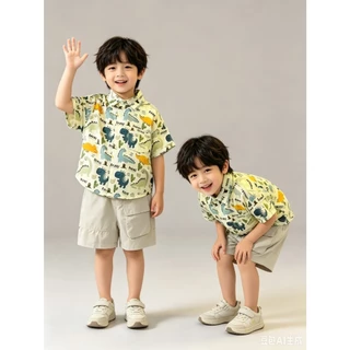BB336 ชุดเด็กผู้ชายลายไดโนเสาร์ เสื้อเชิ้ตแขนสั้น + กางเกงขาสั้น