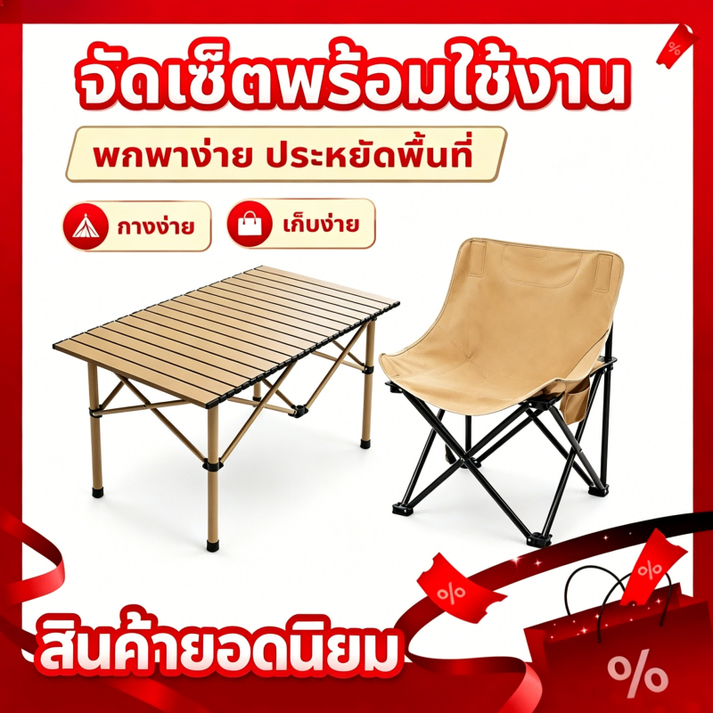 ชุดโต๊ะเก้าอี้แคมป์ปิ้งพับได้ โต๊ะสนาม โต๊ะปิกนิกพร้อมเก้าอี้ พับเก็บง่าย ประหยัดพื้นที่ จัดส่งจากไทย COD