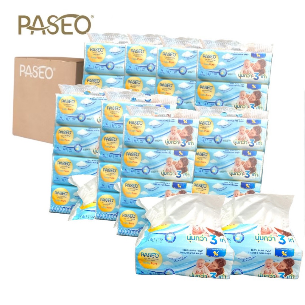 (ยกลัง 12 แพ็ค 48 ห่อ) PASEO พาซิโอ เบบี้เพียว ซอฟท์แพ็ค กระดาษเช็ดหน้า หนา 3 ชั้น 130 แผ่น 1 แพ็ค 4