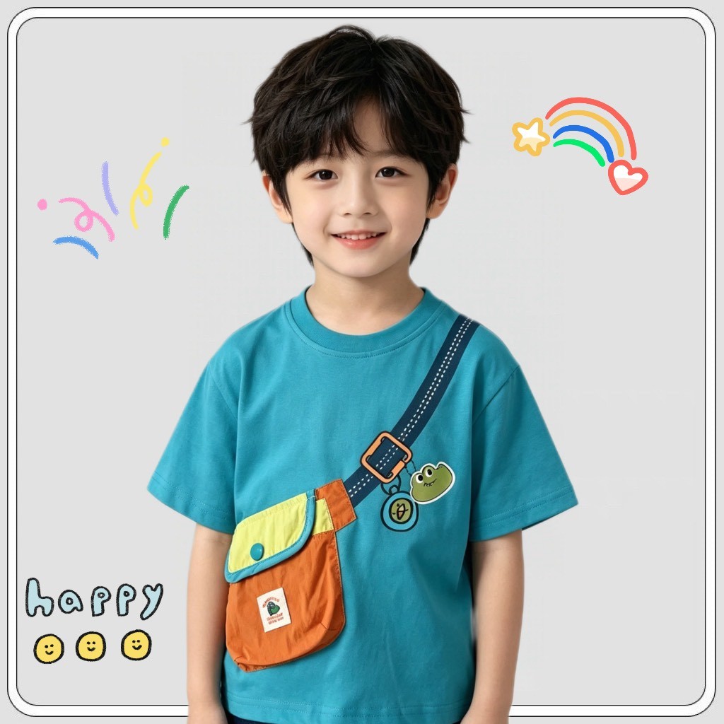 MC324 เสื้อยืดใส่ไปเที่ยวลูกชาย ผ้าอ่อน มีกระเป๋าจริงรูปกระเป๋าสะพายข้างติดเสื้อ
