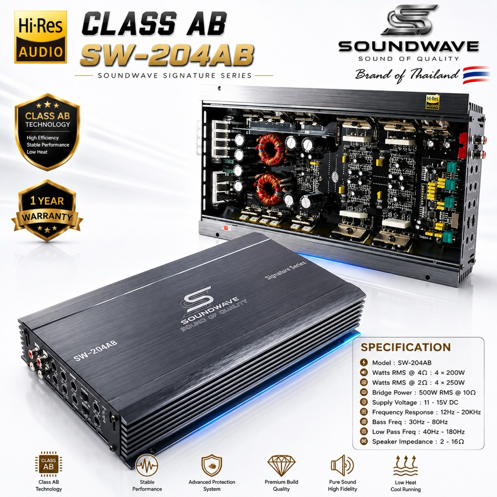 SOUNDWAVE SW-204AB เพาเวอร์แอมป์ 4 ชาแนล Class AB กำลังขับสูง เสียงใส รายละเอียดดี ขับกลางแหลมได้ครบ ของแท้ 100%