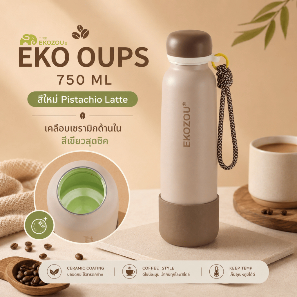 EKOZOU รุ่น EKO OUPS ขวดน้ำสแตนเลส 304 เคลือบเซรามิก ขนาด 550 - 750 ML มีหลอดดูด ยางรองก้น เก็บร้อน-เย็น