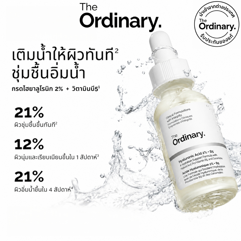 The Ordinary Hyaluronic Acid 2% + B5 30ml เซรั่มไฮยาลูรอนิค เติมความชุ่มชื้นล้ำลึก ผิวอิ่มน้ำ นุ่มเด้ง ฟื้นบำรุงผิวแห้ง