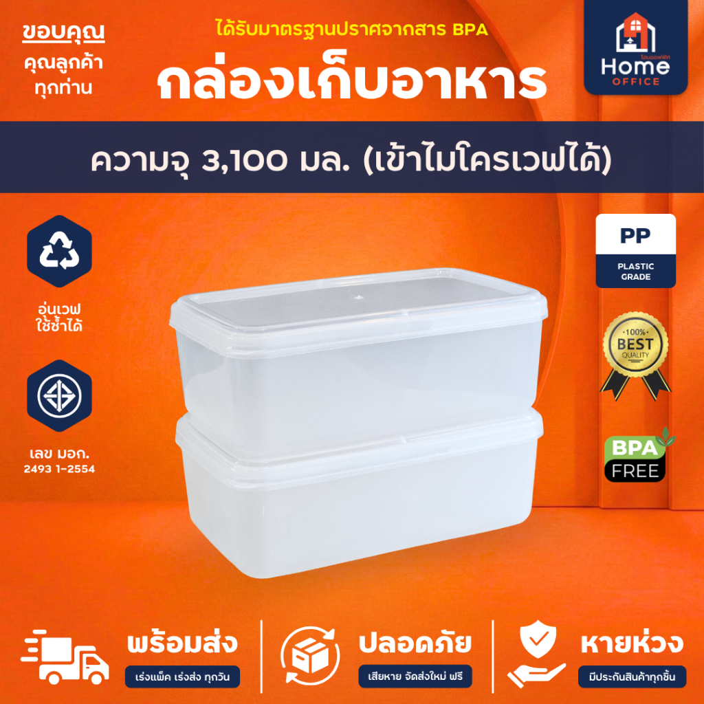Home Office กล่องเก็บอาหาร (ความจุ 3,100 มล.) สำหรับไมโครเวฟ มาตรฐาน มอก. Hippopo กล่องถนอมอาหาร ของสด ผัก ผลไม้ ขนม