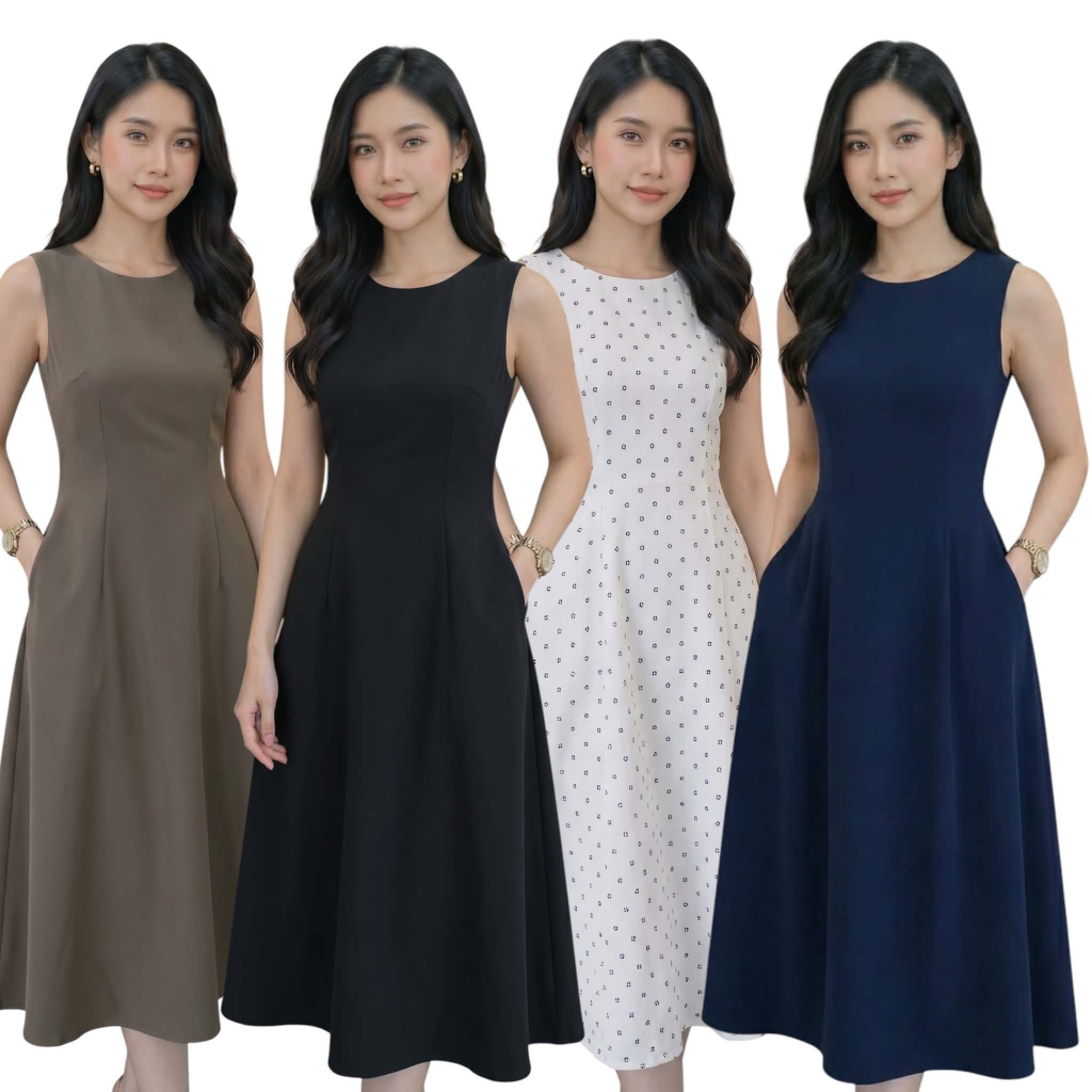 เดรสยาว 43" ทรงเอ ทรงพริ้วสวยทุกก้าว ซับในทั้งตัว พร้อมกระเป๋าล้วง2ข้าง เดรสพรางหุ่น