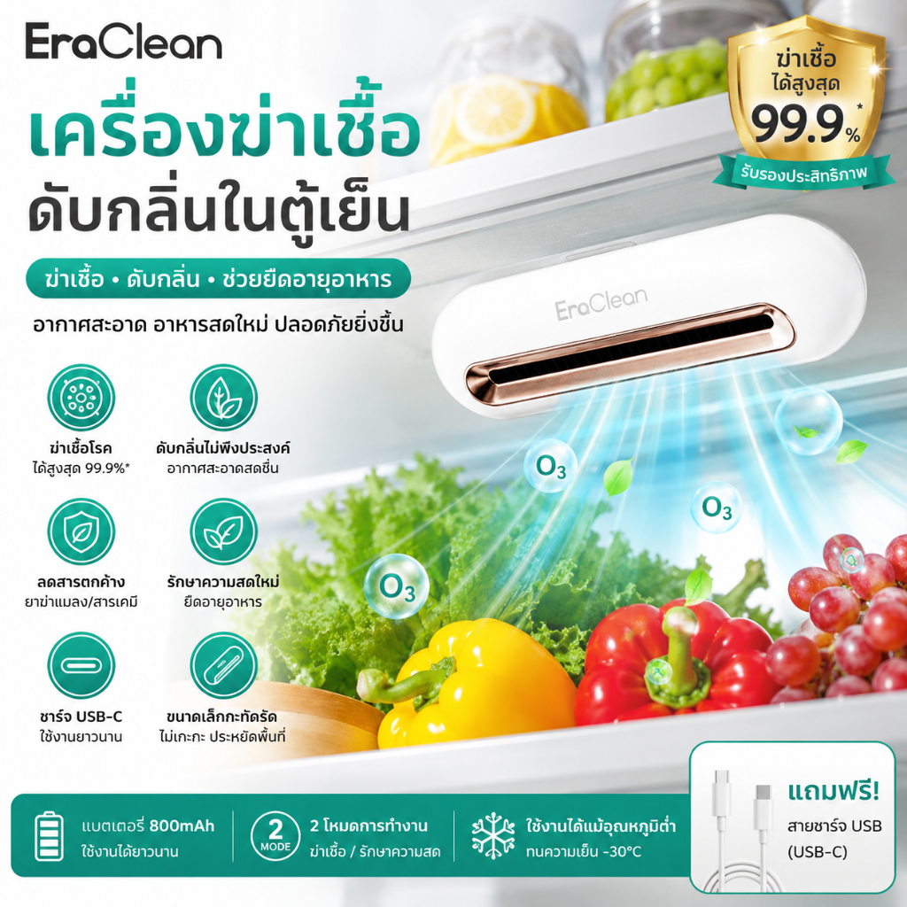 เครื่องกำจัดกลิ่นและฆ่าเชื้อในตู้เย็น EraClean，ถนอมอาหาร ชาร์จ USB 2 โหมด 99.9% ฆ่าเชื้อ กันเย็น -30°C พกพาเล็ก 70g