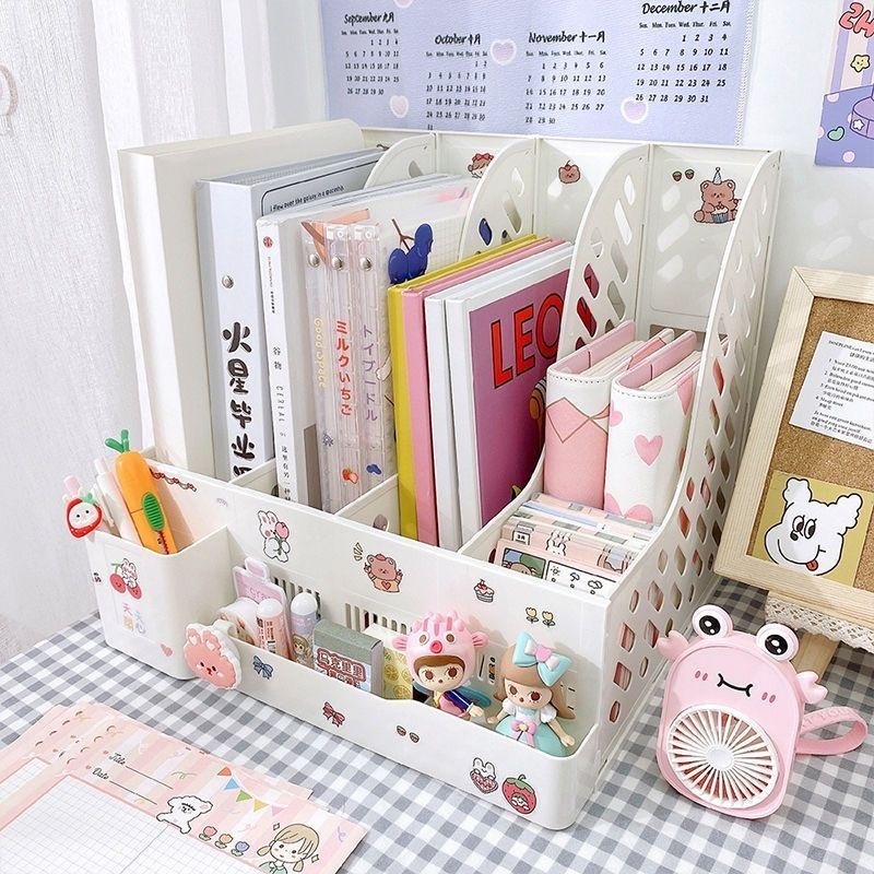 ชั้นวางหนังสือ พลาสติก ชั้นวางหนังสือ 4ช่อง แฟ้มใส่เอกสาร ที่ใส่หนังสือ จัดระเบียบโต๊ะ กล่องใส่แฟ้ม