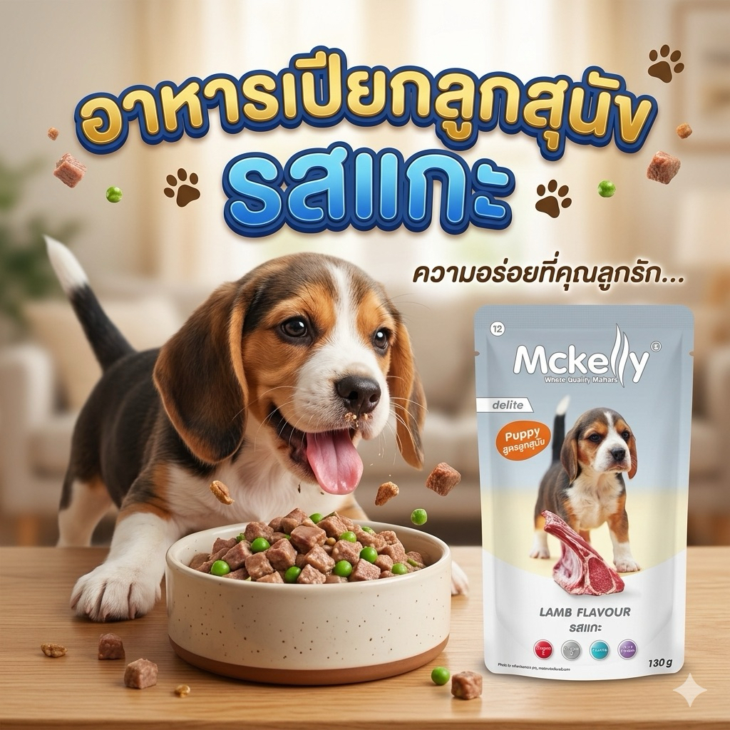 McKelly อาหารสุนัขพรีเมียม บำรุงขนและข้อต่อ โปรตีนสูงจากเนื้อแท้ เนื้อเน้นๆ น้องหมาเลิฟ