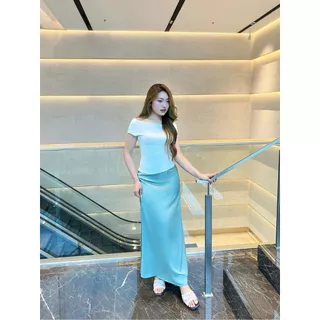 Cicishop(2312-1) กระโปรงยาวทรงหางปลา ผ้าซาติน พริ้วยาวสวย เอวยางยืด