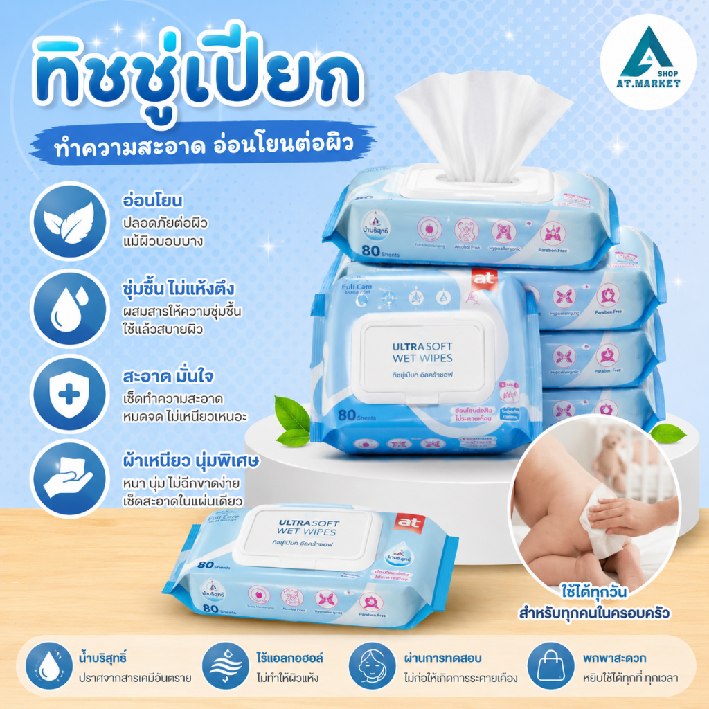 At.market ทิชชู่เปียกสูตรอ่อนโยน Ultra Soft Wet Wipes ผ้าเช็ดทำความสะอาดผิว แผ่นใหญ่พิเศษ [80 แผ่น]