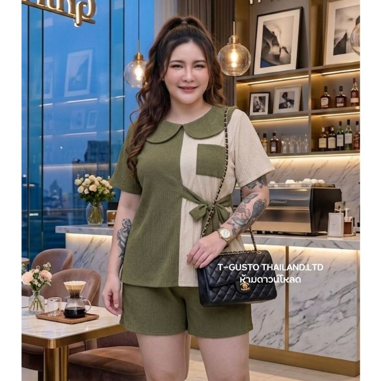 C19ชุดเซตทูโทนแต่งโบว์ขาสั้นสาวอวบ-พลัสไซส์น่ารักงานรุ่นใหม่น่ารัก