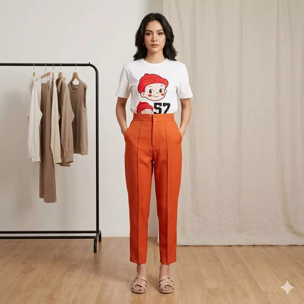 กางเกงขายาวผู้หญิง 7 ส่วนตีเกล็ตหน้า (ผ้าฮานาโกะ) (S-5XL)