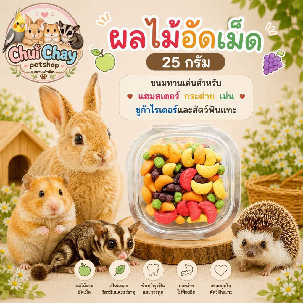 (ผลไม้อัดเม็ด 25 กรัม/50กรัม) ขนมทานเล่นสำหรับ แฮมสเตอร์ กระต่าย เม่น ชูก้าไกรเดอร์และสัตว์ฟันแทะทุกชนิด 🐇🦔🐿️