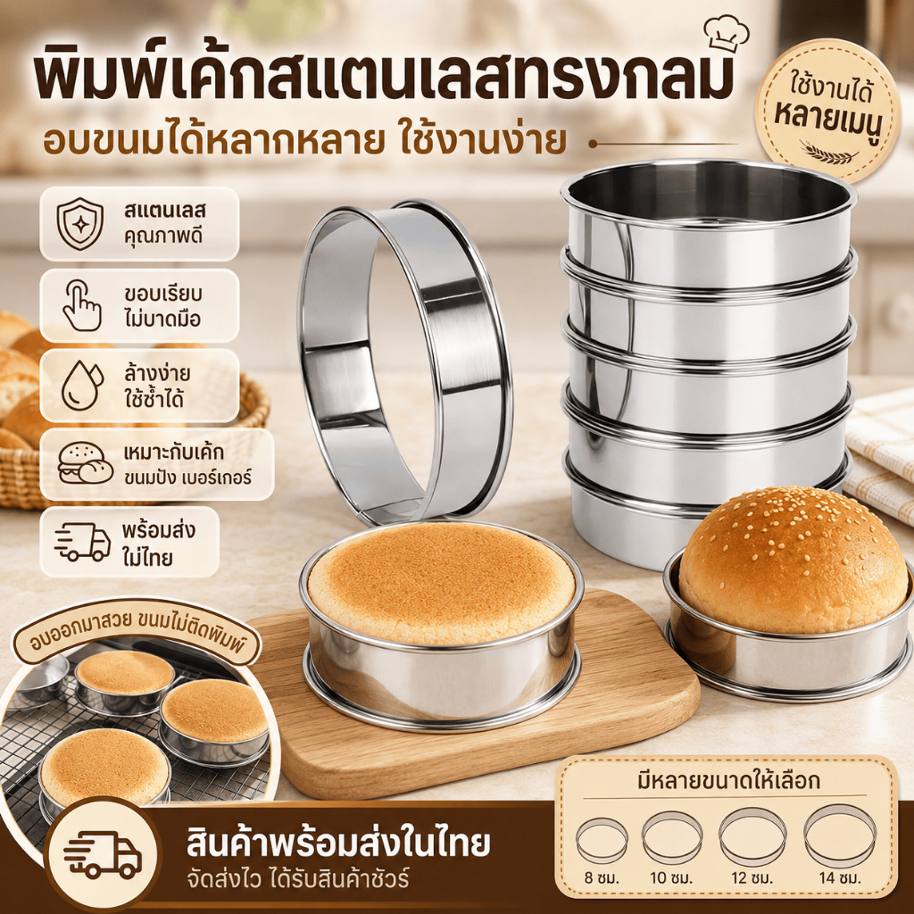 [WEIYI] พิมพ์มูสเค้กสแตนเลส ทรงกลม วงแหวนเค้ก ขอบม้วนหนา พิมพ์ทำขนม เบเกอรี่ ถอดพิมพ์ง่าย