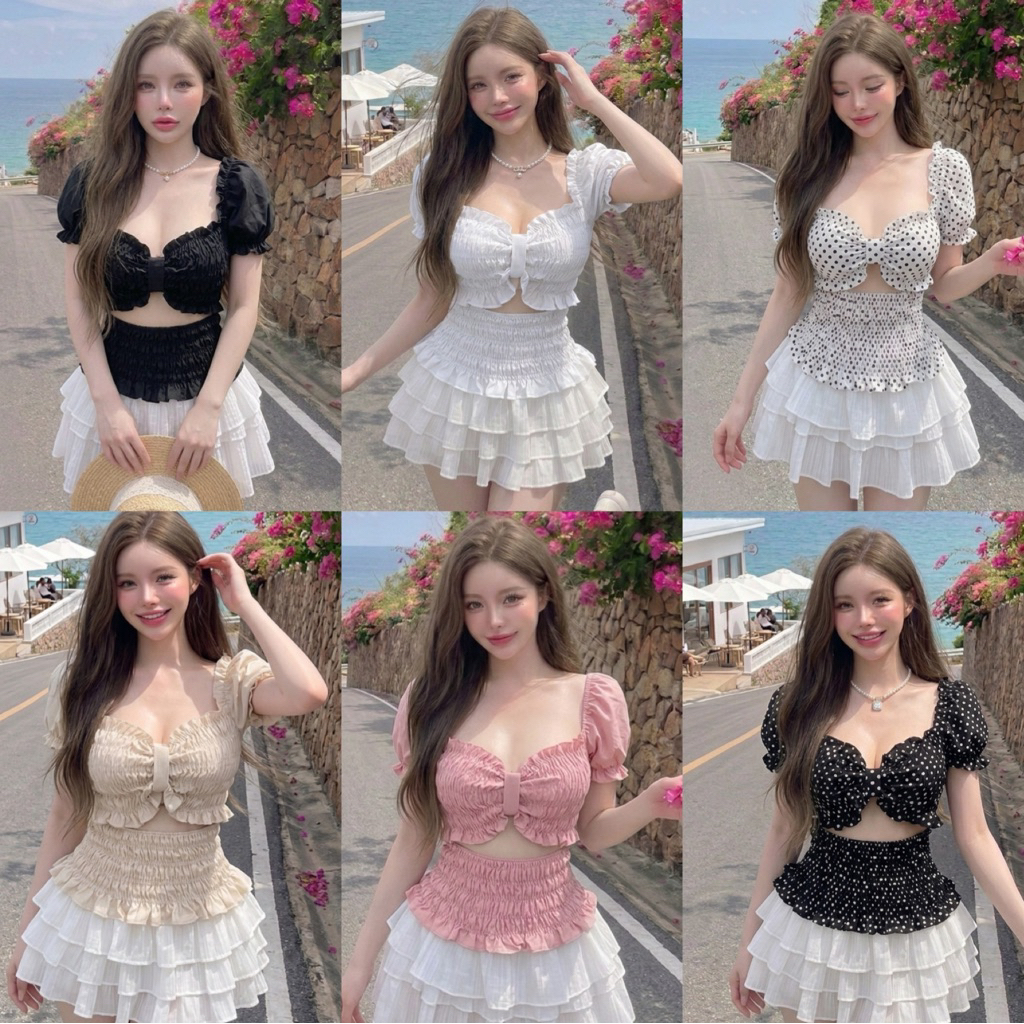 ♡⸝⸝♡⸝⸝(สาวอวบใส่ได้อกถึง48 )เสื้อแขนตุ๊กตาเกาะอกสม็อค ยืดเยอะ เสื้อแขนตุ๊กตาปาดไหล่สม็อค เสื้อลาย polka dot