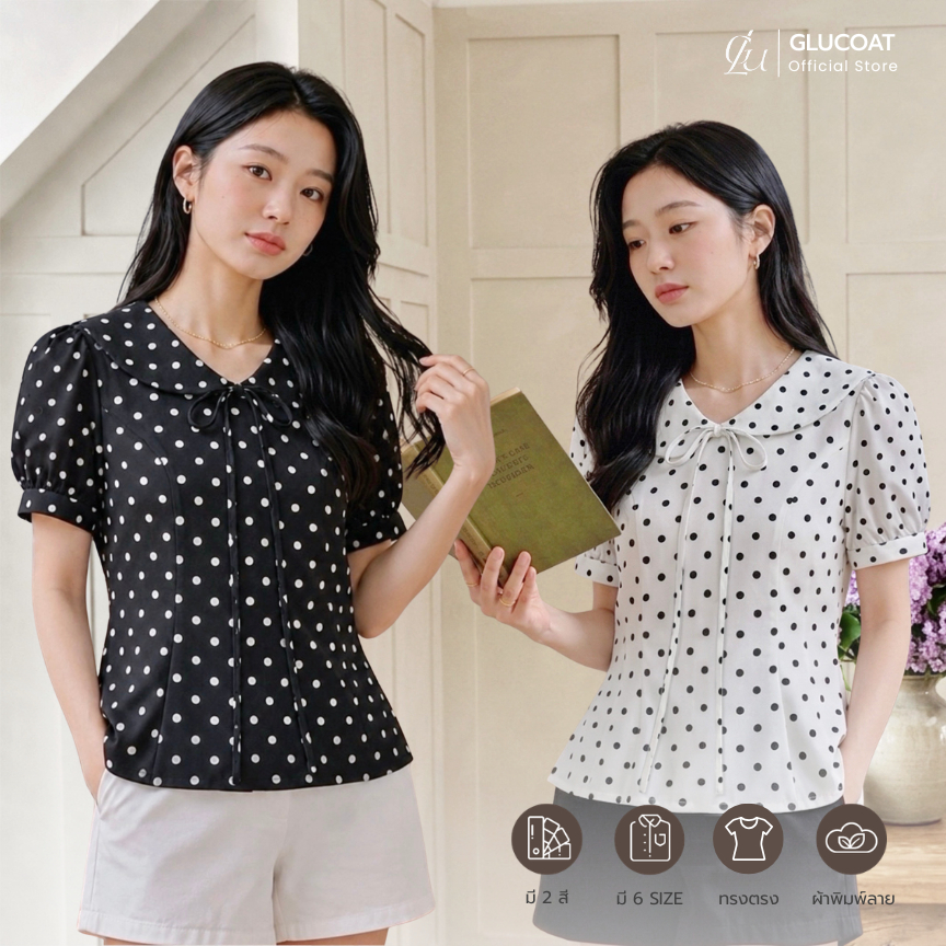 Glucoat | [A375/A448] เสื้อแขนสั้นลายจุดสีดำ/สีขาว คอปกทหารเรือ พร้อมเชือกผูกโบว์ ชายเสื้อจับจีบระบาย
