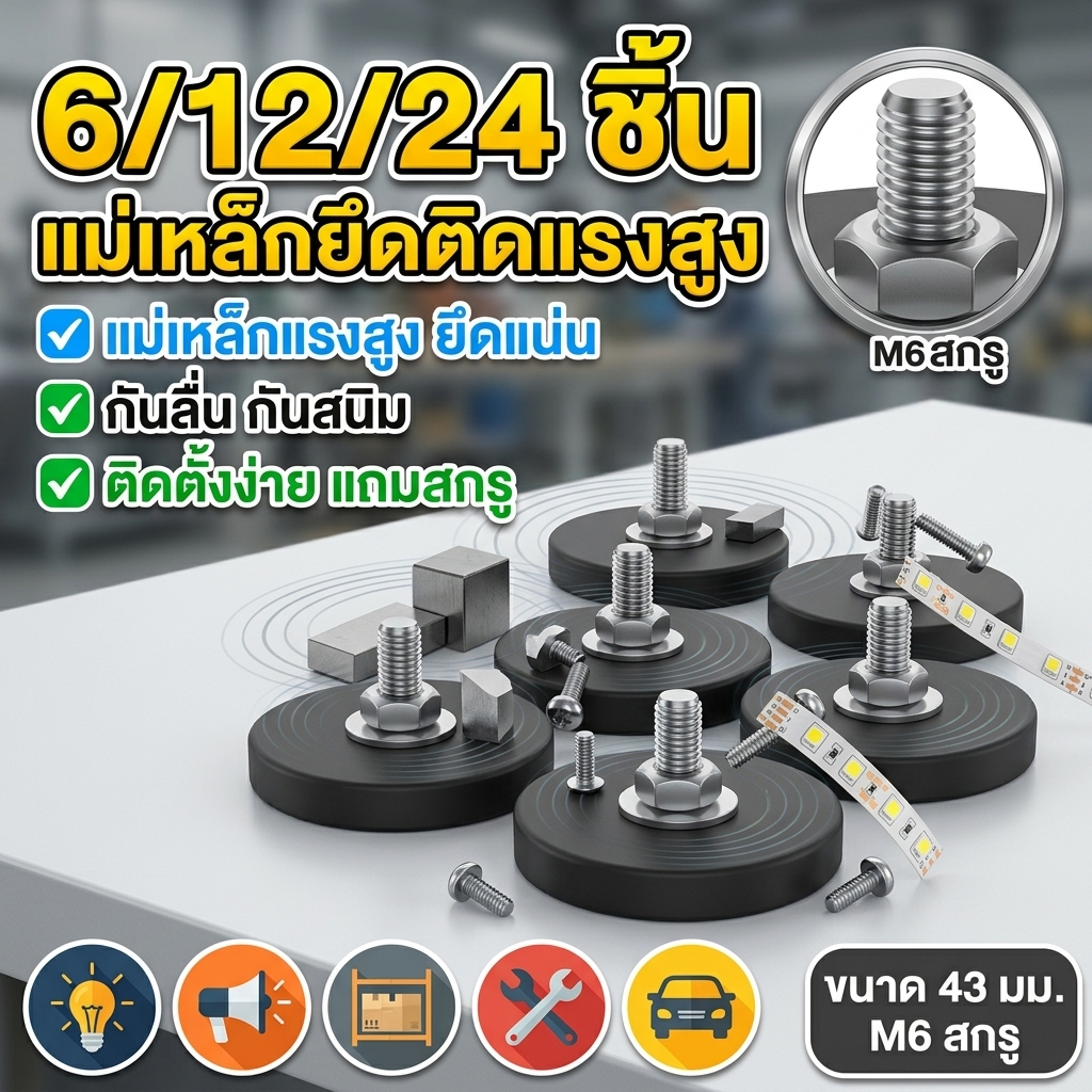 6/12/24 ชิ้นฐานแม่เหล็ก 1.7 นิ้วแม่เหล็กติดตั้งนีโอไดเมีย M6 สตั๊ดเกลียวแม่เหล็กป้องกันรอยขีดข่วนแม่เหล็กที่แข็งแกร่ง