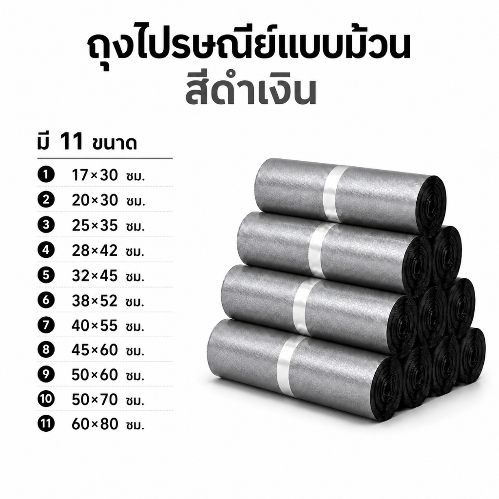 ซองไปรษณีย์พลาสติกสีเงิน 100ใบ/ม้วน ราคาถูก แบบม้วน ถุงพัสดุกันน้ำ กาวแน่น ทึบแสง เหนียว ไม่ขาดง่าย หลายขนาด