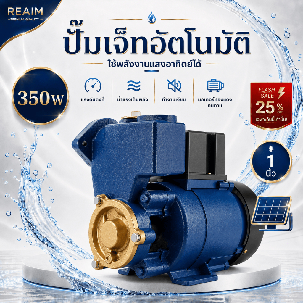 REAIM ปั๊มน้ำออโต้ 350W ปั๊มเพิ่มแรงดันในครัวเรือน ปั๊มรองพื้นตัวเอง