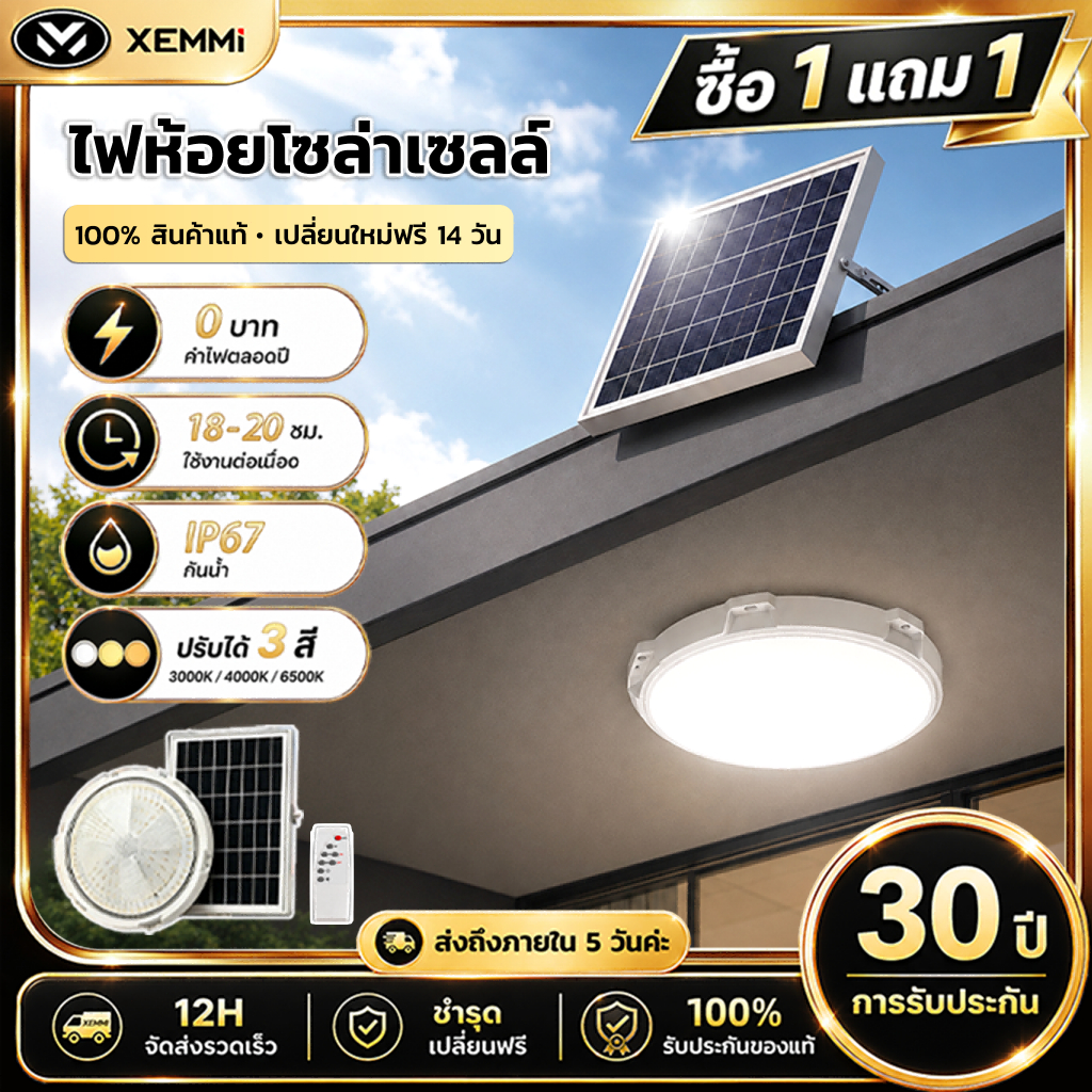 【Xemmi】โคมไฟเพดาน ไฟโซล่าเซลล์ ไฟเพดานบ้าน 30000W ไฟ LED โคมไฟเพดาน สว่างอัตโนมัติเมื่อฟ้ามืด ไฟอบอุ่นถนอมสายตา